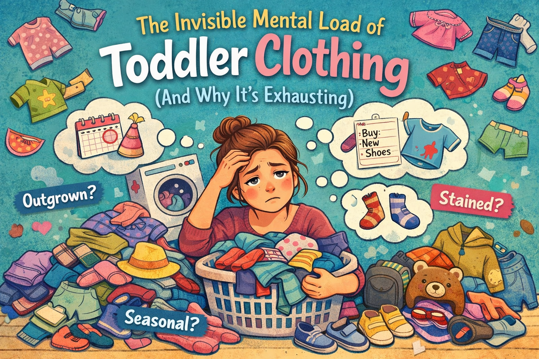Illustration of an overwhelmed mother surrounded by piles of toddler clothing, symbolizing the invisible mental load of managing laundry, sizing, and seasonal changes.
