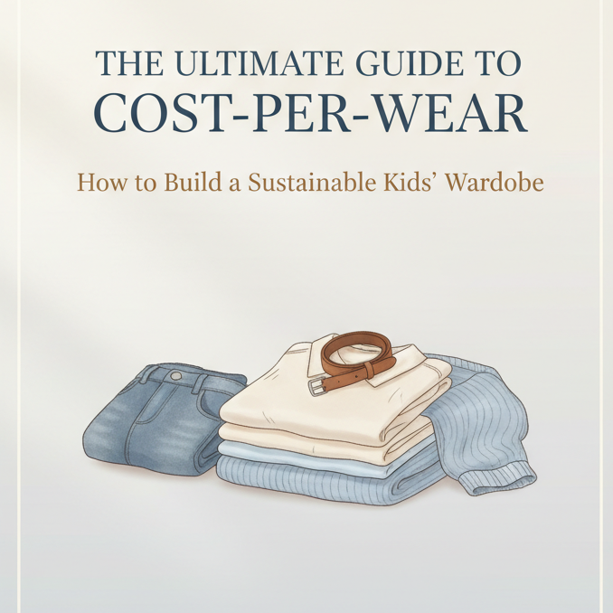 Book cover of 'The Ultimate Guide to Cost-Per-Wear' on a light gray background. cost per wear kids clothes, sustainable kids wardrobe, save money on children’s clothing, kids clothing cost guide