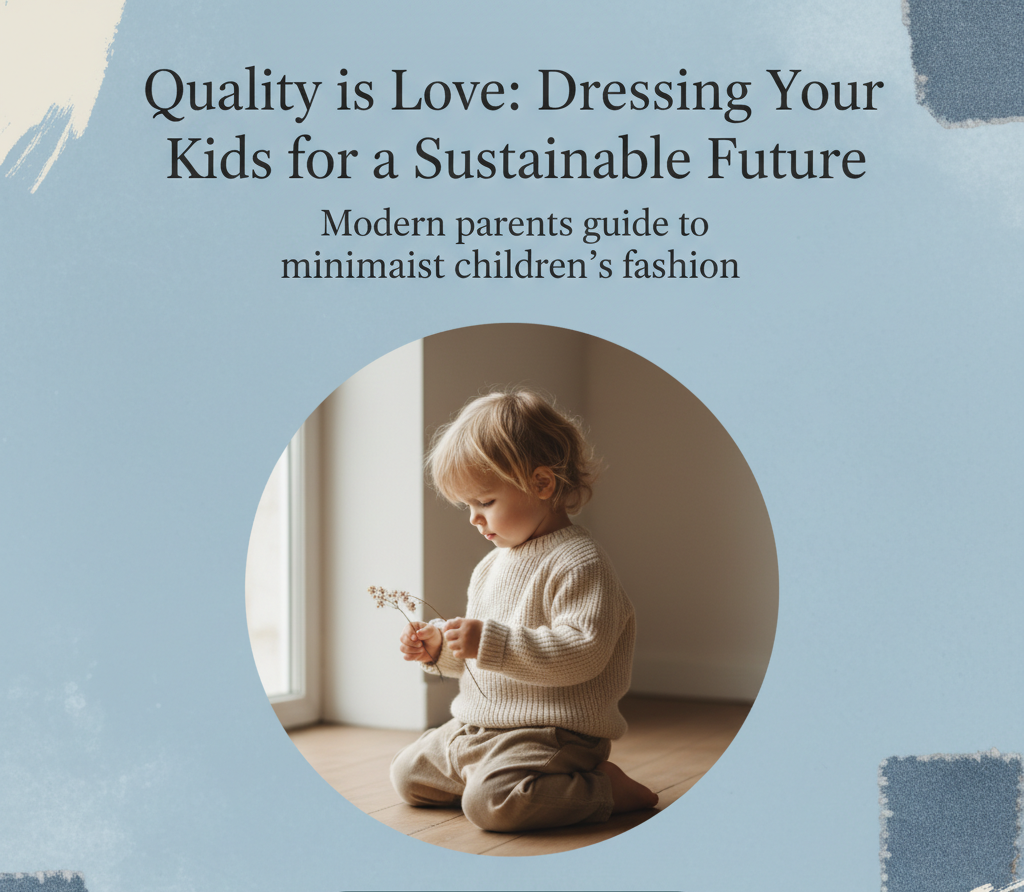 Book cover with a child sitting on the floor and text about minimalist children's fashion. heirloom kids clothing, durable kids clothes, long-lasting children’s clothing, heirloom fashion guide