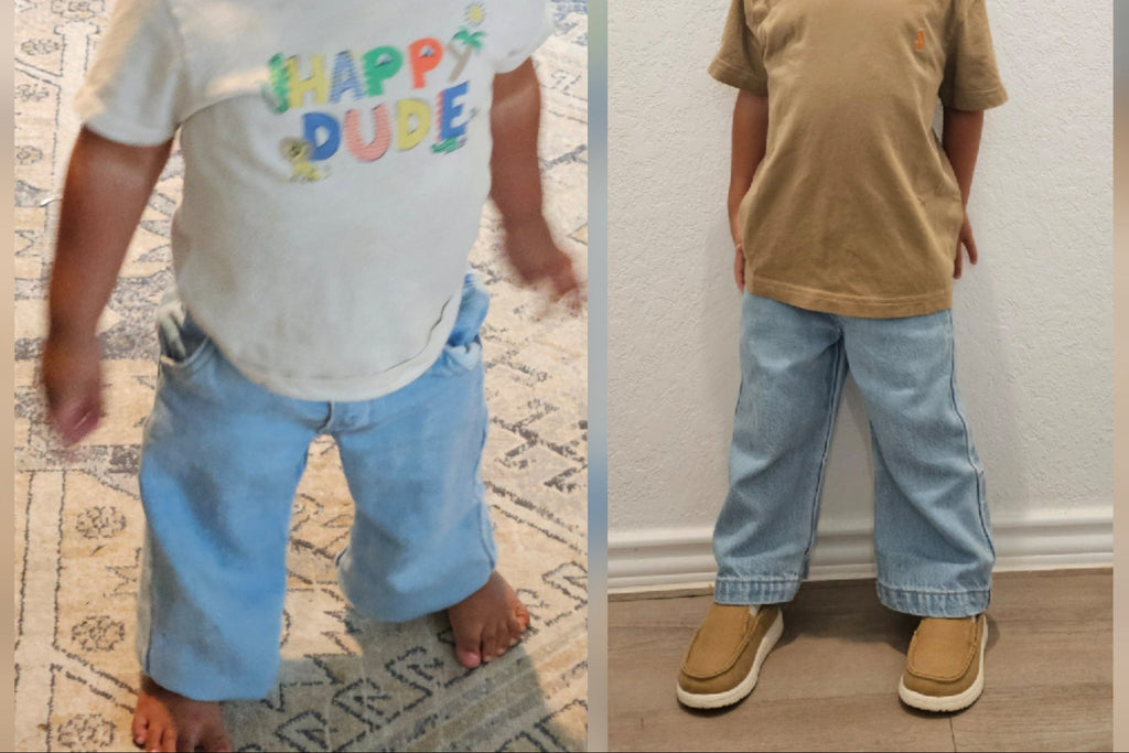 Two children aged one and three wearing the same size Grow-Ease™ kids jeans at different lengths to show adjustable fit across growth stages. Side-by-side image of a one-year-old and three-year-old wearing the same size Grow-Ease™ kids jeans adjusted to different lengths