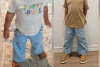 Two children aged one and three wearing the same size Grow-Ease™ kids jeans at different lengths to show adjustable fit across growth stages. Side-by-side image of a one-year-old and three-year-old wearing the same size Grow-Ease™ kids jeans adjusted to different lengths