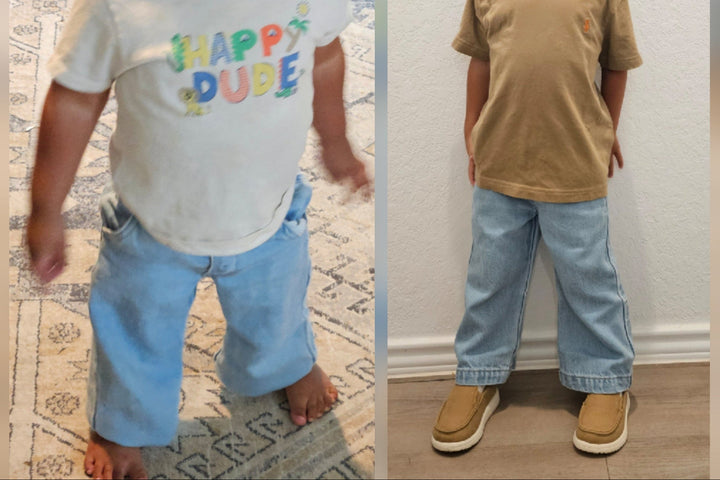 Two children aged one and three wearing the same size Grow-Ease™ kids jeans at different lengths to show adjustable fit across growth stages. Side-by-side image of a one-year-old and three-year-old wearing the same size Grow-Ease™ kids jeans adjusted to different lengths